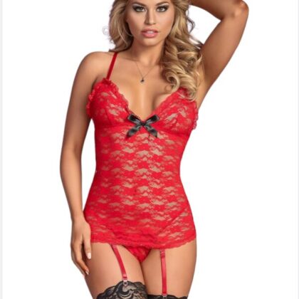 Kalbinle Fantezi Kırmızı Dantelli Seksi Elbise Jartiyer Takımı Düz Jartiyer Çoraplı TG272390