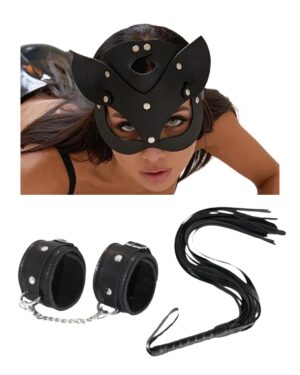 Kalbinle Fantezi Deri Seksi Siyah Kedi Maske Kelepçe Kırbaç Seti ( 3'lü set) TG275369
