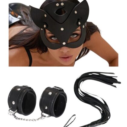 Kalbinle Fantezi Deri Seksi Siyah Kedi Maske Kelepçe Kırbaç Seti ( 3'lü set) TG275369
