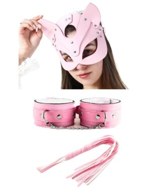 Kalbinle Fantezi Deri Seksi Pembe Kedi Maske Kelepçe Kırbaç Seti ( 3'lü set) TG275368