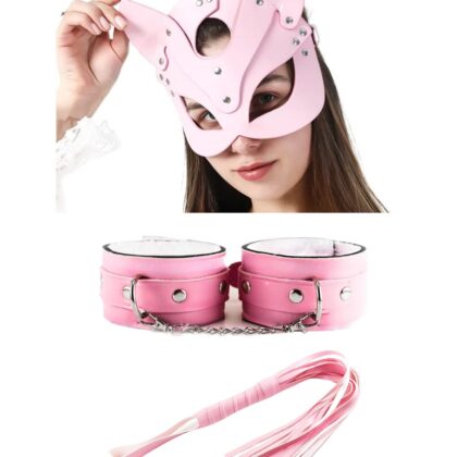 Kalbinle Fantezi Deri Seksi Pembe Kedi Maske Kelepçe Kırbaç Seti ( 3'lü set) TG275368