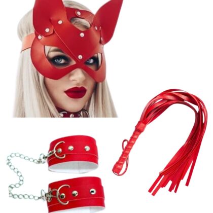 Kalbinle Fantezi Deri Seksi Kırmızı Kedi Maske Kelepçe Kırbaç Seti ( 3'lü set) TG275367