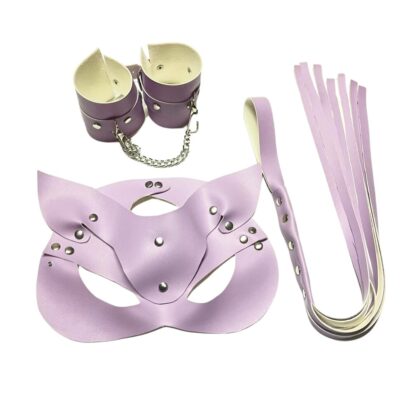 Kalbinle Fantezi Deri Seksi Lila Kedi Maske Kelepçe Kırbaç Seti ( 3’lü set) TG275370