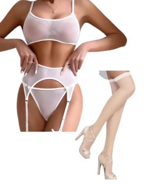 Kalbinle Fantezi Beyaz Transparan Tül Jartiyer Takımı TG273262