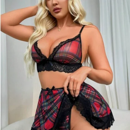 Kalbinle Fantezi Seksi Dantelli Ekose Sütyen Mini Etek Takım TG2710128