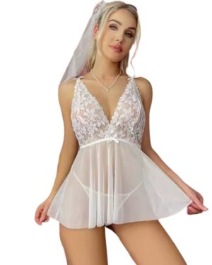 Kalbinle Fantezi Beyaz Dantelli Transparan Tül Etekli Seksi Elbise Gecelik TG273266