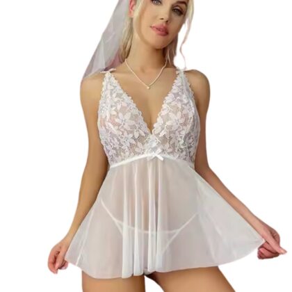 Kalbinle Fantezi Beyaz Dantelli Transparan Tül Etekli Seksi Elbise Gecelik TG273266