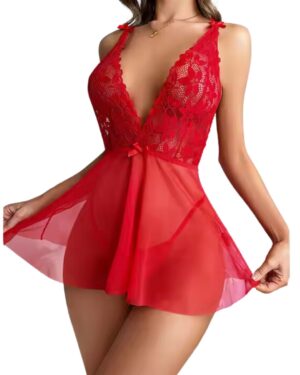 Kalbinle Fantezi Kırmızı Dantelli Transparan Tül Etekli Seksi Elbise Gecelik TG273267