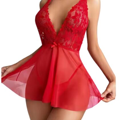 Kalbinle Fantezi Kırmızı Dantelli Transparan Tül Etekli Seksi Elbise Gecelik TG273267