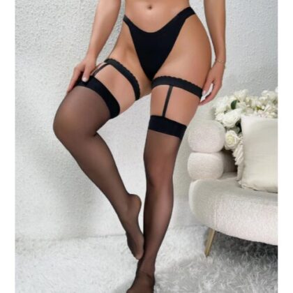 Kalbinle Fantezi Kadın Siyah Dantel Bacak Bantlı String Jartiyer Çorap Takımı TG270046
