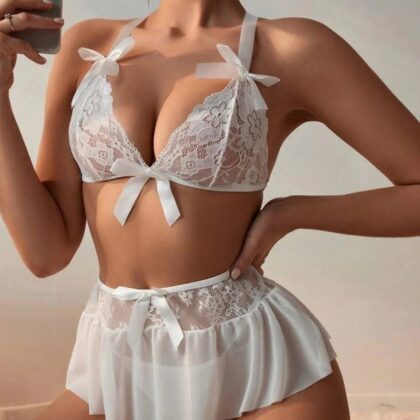Kalbinle Fantazi Beyaz Dantelli Fiyonklu Seksi Babydol TG279239