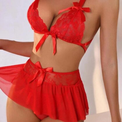 Kalbinle Fantazi Kırmızı Dantelli Fiyonklu Seksi Babydol TG279240