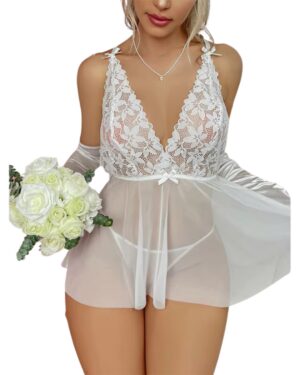 Kalbinle Fantezi Beyaz Dantelli Transparan Tül Etekli Seksi Elbise Gecelik TG273266