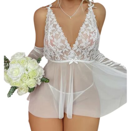 Kalbinle Fantezi Beyaz Dantelli Transparan Tül Etekli Seksi Elbise Gecelik TG273266