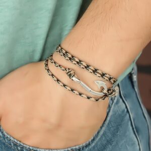 Krem Renk Çizgi Desenli Metal Kancalı Erkek Bileklik EB2244-KS