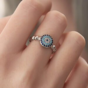 Gümüş Renk Nazar Boncuk Figür Zirkon Taş Detay Kadın Yüzük BYK2414