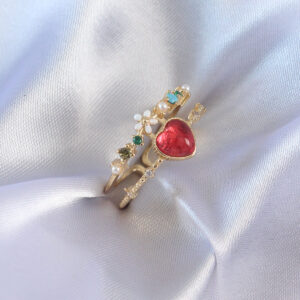 Gold Renk Kırmızı Zirkon Taş Kalp Model Pirinç Kadın Yüzük BYK2631