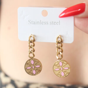 316L Çelik Gold Renk Sallantı Çiçek Model İşleme Detay Kadın Küpe BKP7569