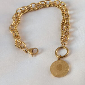 Kalbinle 316L Çelik Gold Renk 2'li Zincir Model Çeyrek Altınlı Kadın Bileklik BB5452