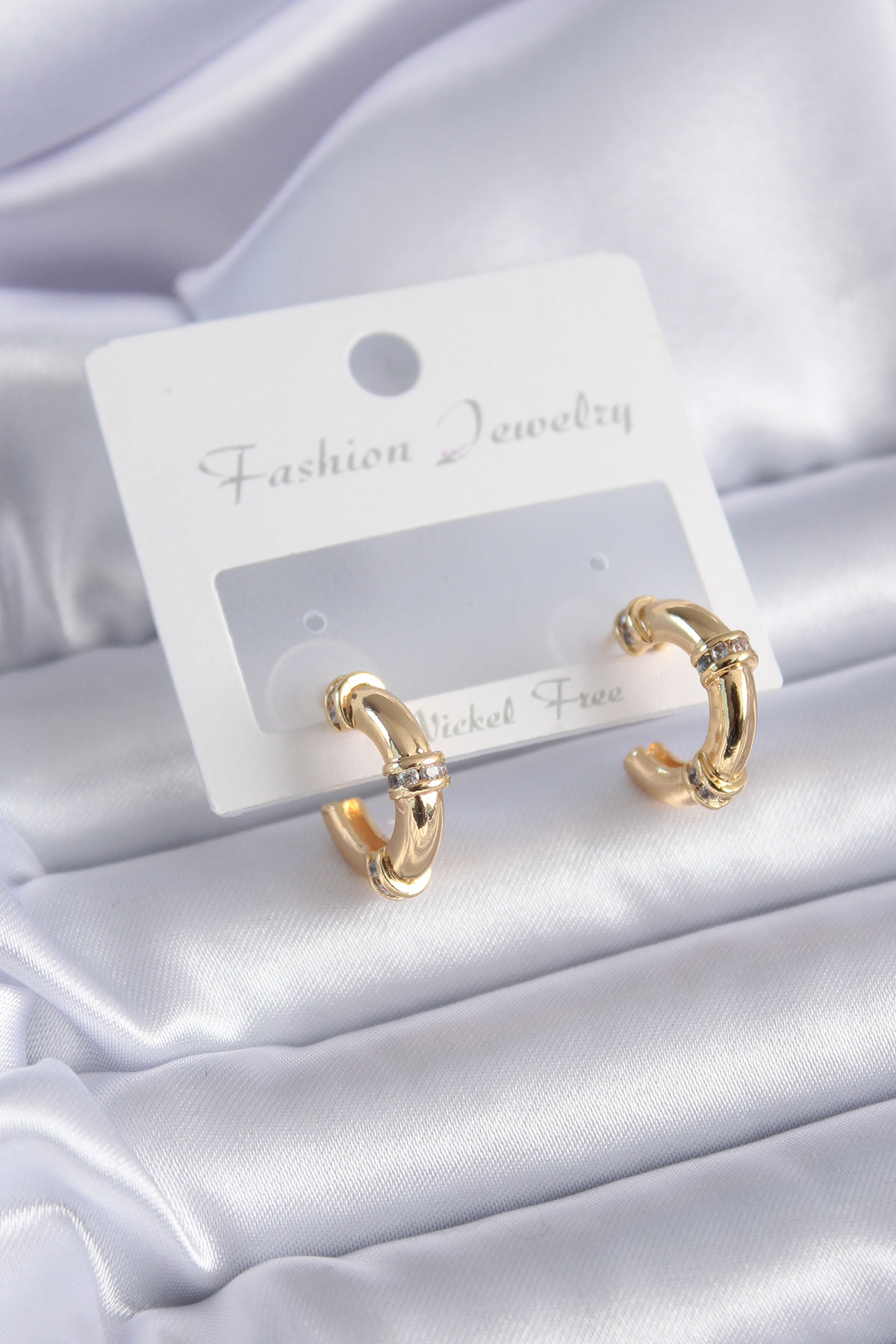 Gold Renk Zirkon Taş Detay Halka Model Pirinç Kadın Küpe BKP7855