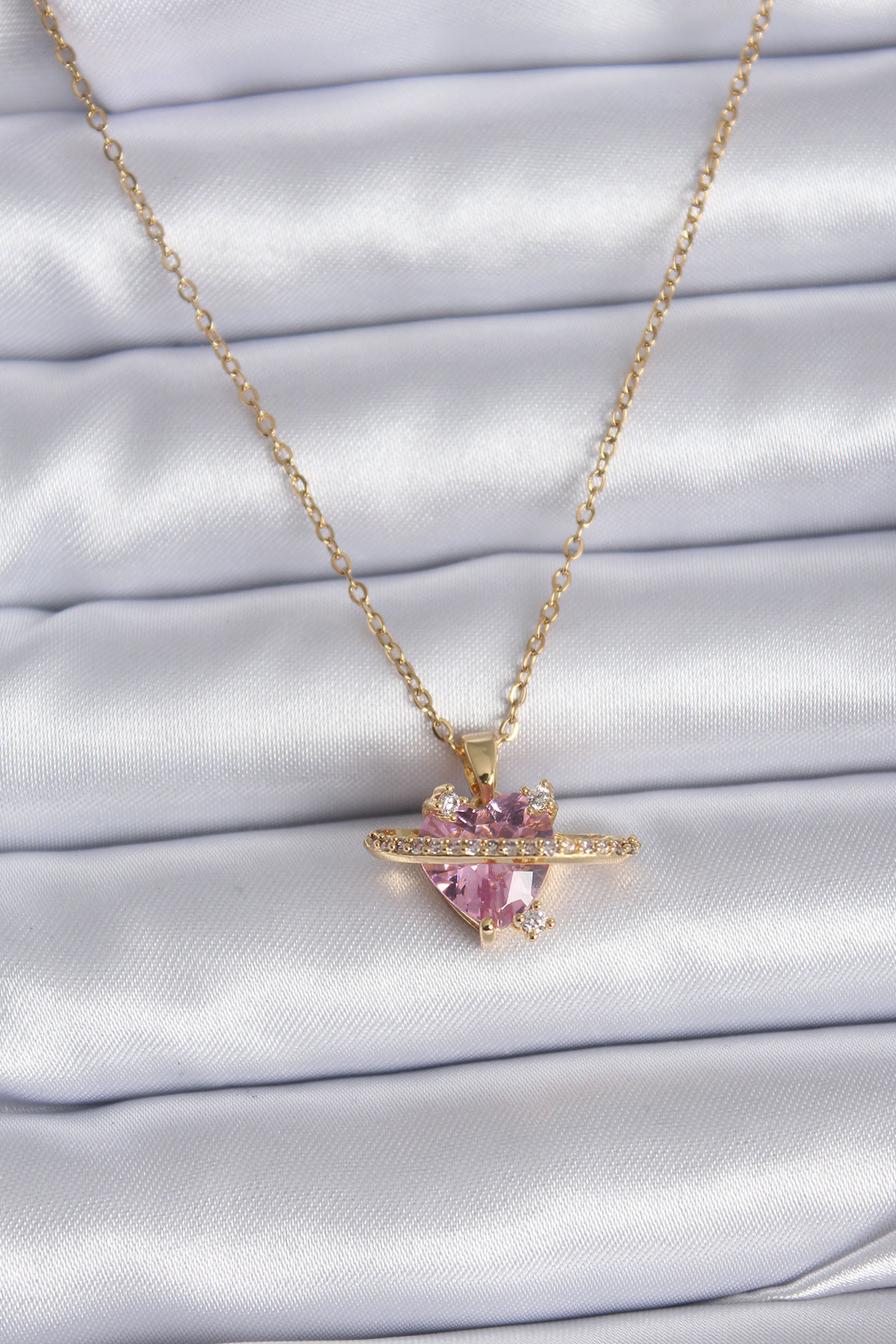 316L Çelik Gold Renk Zincir Pembe Kristal Kalp Model Zirkon Taş Detay Kadın Kolye BKO7747