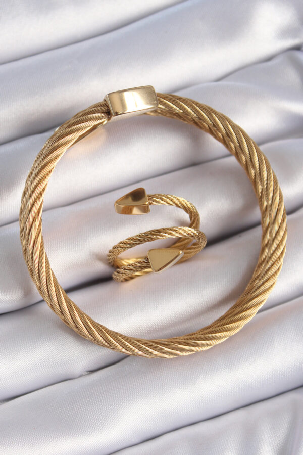 Kalbinle 316L Çelik Gold Renk Sarmal Model Erkek Bileklik Yüzük Kombini EB3688