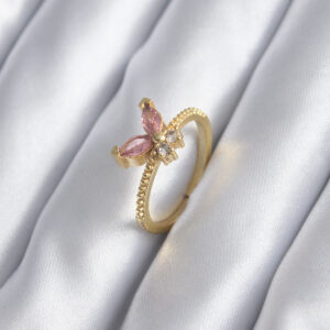Gold Renk Pembe Zirkon Taşlı Kelebek Model Kadın Yüzük BYK2842