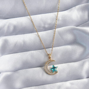 316L Çelik Gold Renk Zincir Zirkon Taş Detay Hilal Yıldızı Figür Kadın Kolye BKO8029