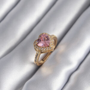 Pirinç Gold Renk Pembe Zirkon Taşlı Charm Kalp Model Kadın Yüzük BYK2951