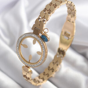 Kalbinle 316L Çelik Gold Renk Arpa Model Zirkon Taş Detay Çeyrek Altın Takılabilir Kadın Kelepçe BB5765