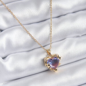 316L Çelik Zincir Gold Renk Mor Renk Zirkon Taşlı Kalp Model Kadın Kolye BKO8210