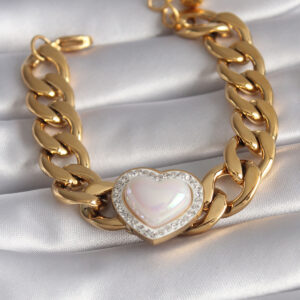316L Çelik Gold Renk Pembe 3D Kalp Model Zirkon Taşlı Kadın Bileklik BB5923