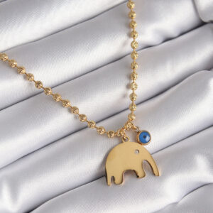 316L Çelik Gold Renk Top Zincir Model Fil Figür Nazar Boncuk Detay Kadın Kolye BKO8342