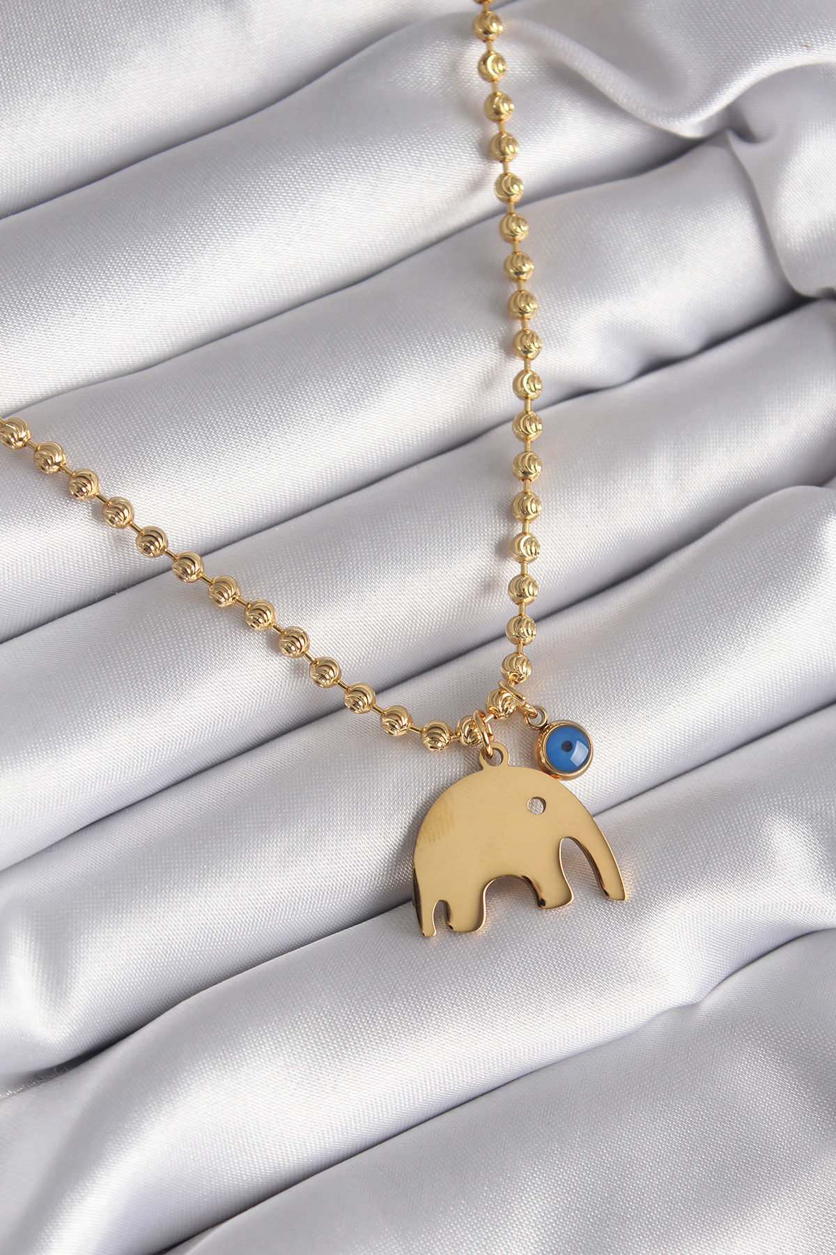 316L Çelik Gold Renk Top Zincir Model Fil Figür Nazar Boncuk Detay Kadın Kolye BKO8342