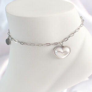 316L Çelik Gümüş Renk Zincir Model 3D Kalp Beyaz Kalp Figür Kadın HalHal HH1529