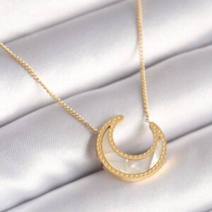 316L Çelik Gold Renk Beyaz Sedefli Hilal Model Kadın Kolye BKO8362