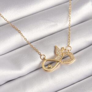 316L Çelik Gold Renk Zirkon Zincir Taşı Sonsuzluk Kelebek Model Kadın Kolye BKO8386