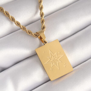 316L Çelik Gold Renk Burgu Zincir Kutup Yıldızı İşleme Plaka Figür Kadın Kolye BKO8451