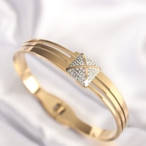 316L Çelik Zirkon Taşlı Gold Renk Kadın Kelepçe Bilezik BB6024