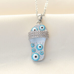 316L Zinciri Çelik Zirkon Taşlı Gümüş Renk Nazar Boncuklu Terlik Kolye BKO8495