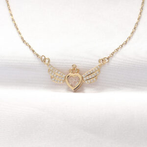 316L Çelik Gold Renk Zirkon Taşlı Kalpli Kanat Kolye BKO8516