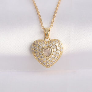 316L Çelik Zincir Altın Renk Zirkon Taşlı Kalp Kolye BKO8624