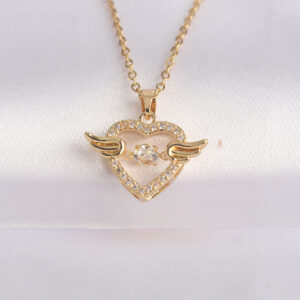 316L Çelik Zincir Altın Renk Zirkon Taşlı Kanatlı Kalp Kolye BKO8628