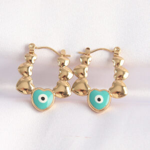 316L Çelik Gold Renk Mavi Nazarlı Kalpli Model Küpe BKP8948