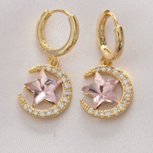 Pirinç Gold Renk Pembe Zirkon Taşlı Yıldız Detay Ay Küpe BKP8965