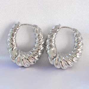 Pirinç Gümüş Renk Tırtık Detay Bombeli Halka Küpe BKP8973