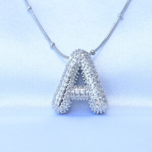 316L Çelik Zincirli Zirkon Taşlı A Harfli Gümüş Renk Bubble Kolye BKO8729