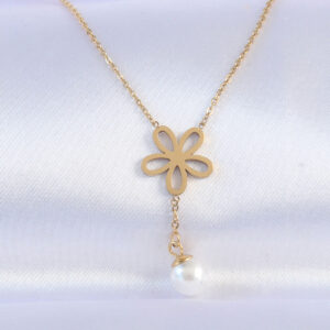 316L Çelik Zincir Gold Renk İnci Detay Çiçek Kolye BKO8730