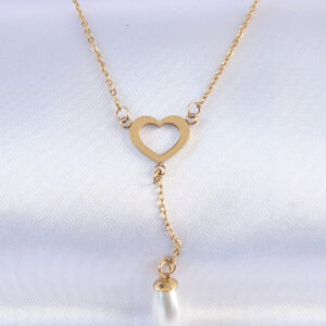 316L Çelik Zincir Gold Renk İnci Taş Detay Kalp Kolye BKO8731