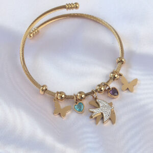 316L Çelik Gold Renk Zirkon Taşlı Minimal Kalp Detay Kelebek Charm Bileklik BB6091